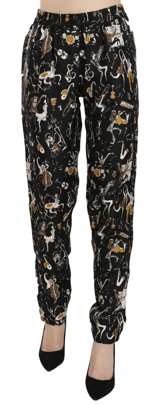 Dolce & Gabbana Black Jazz Club Print High Waist Tapered Pants Dolce & Gabbana