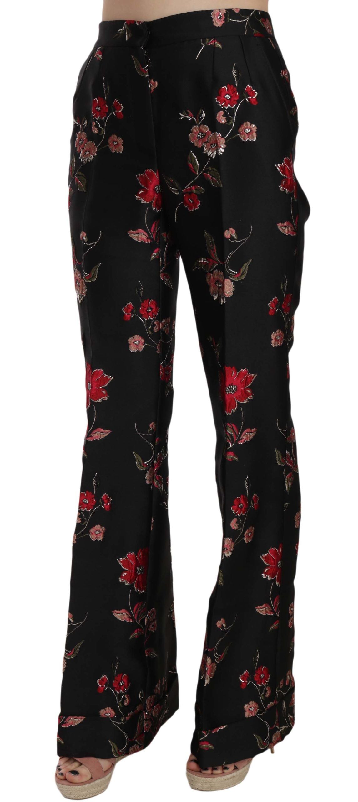Dolce & Gabbana Floral Print Black Boot Cut Trouser Pants Dolce & Gabbana