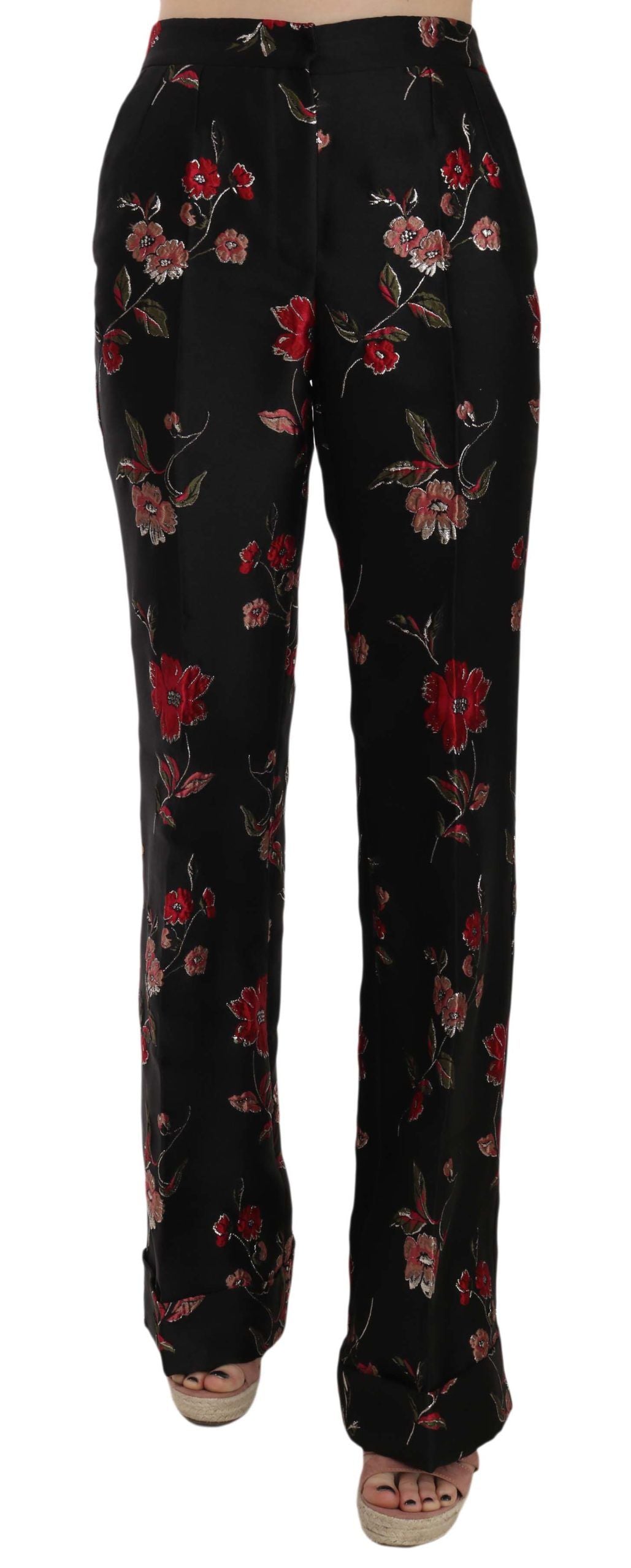 Dolce & Gabbana Floral Print Black Boot Cut Trouser Pants Dolce & Gabbana