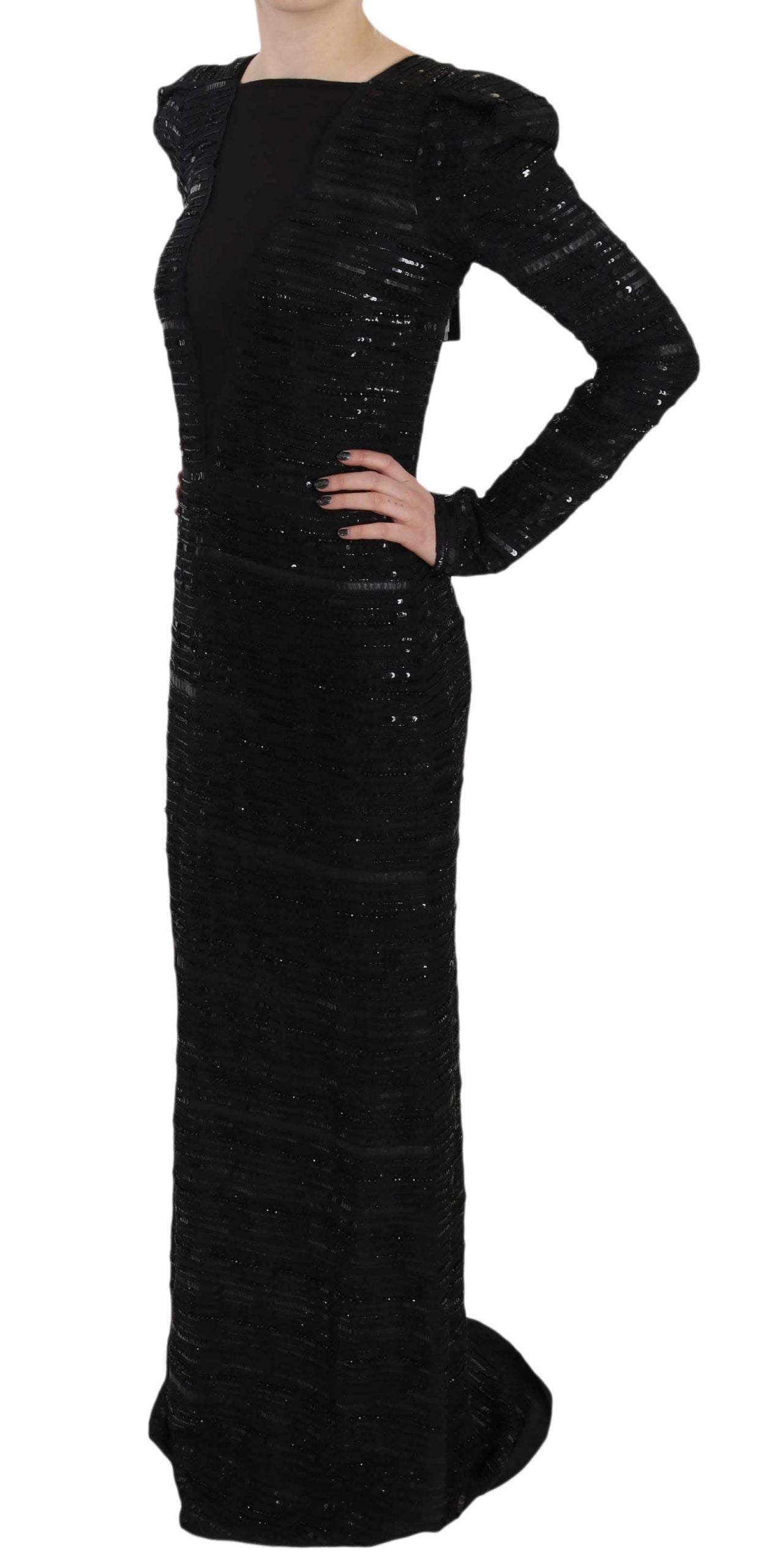 John Richmond Black Silk Full Length Sequined Gown Dress John Richmond