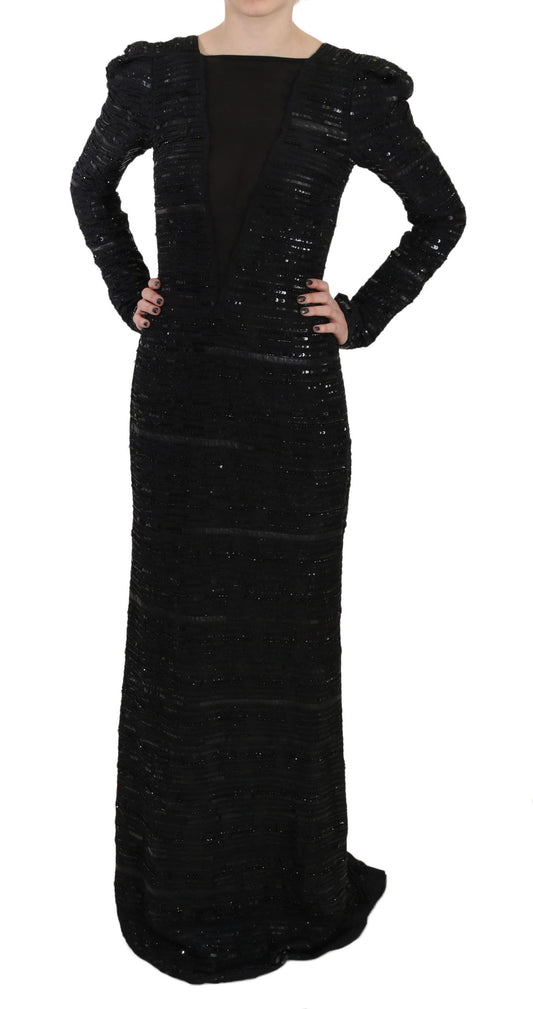 John Richmond Black Silk Full Length Sequined Gown Dress John Richmond