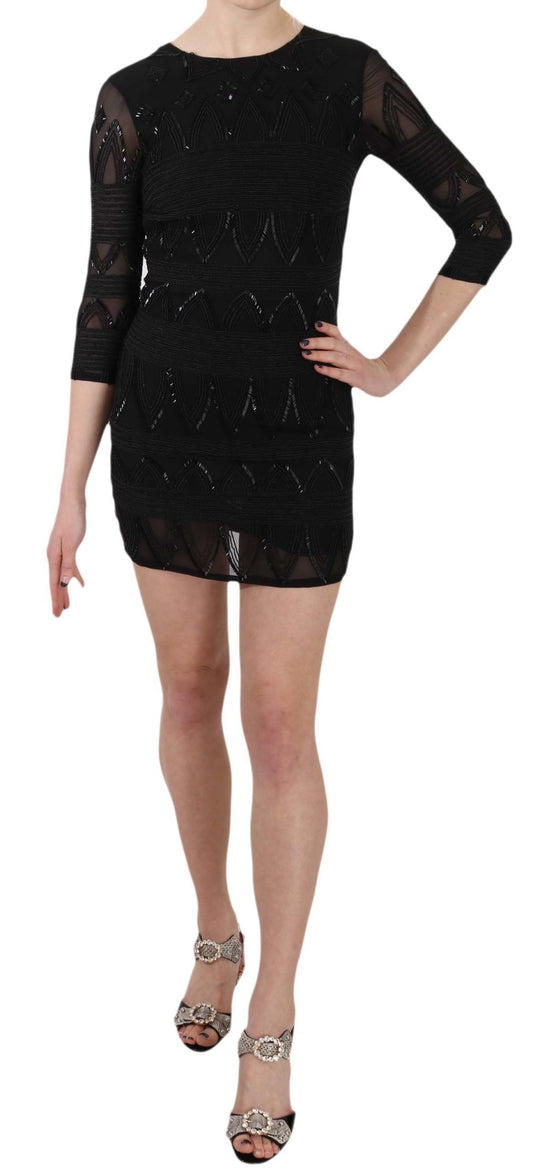 John Richmond Black Silk Sequined Mini Shift Gown John Richmond