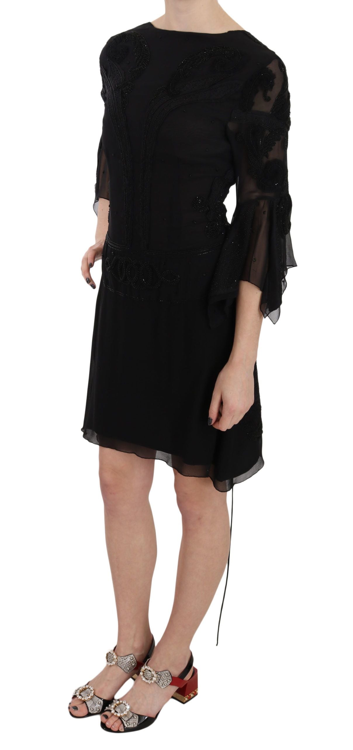 John Richmond Black Sequined Silk Mini Shift Gown John Richmond