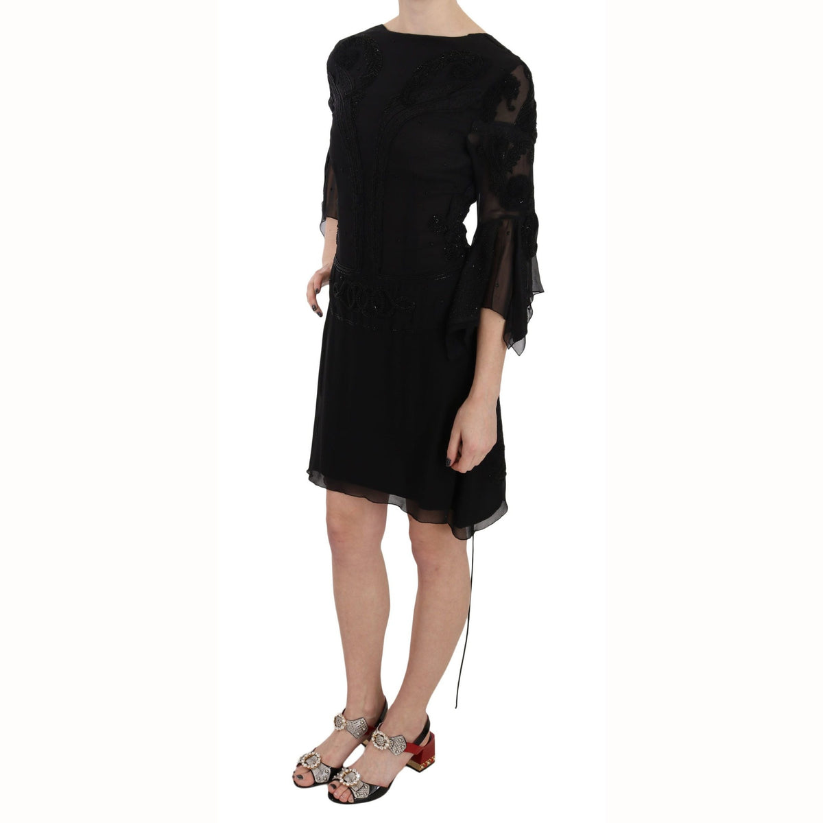 John Richmond Black Sequined Silk Mini Shift Gown