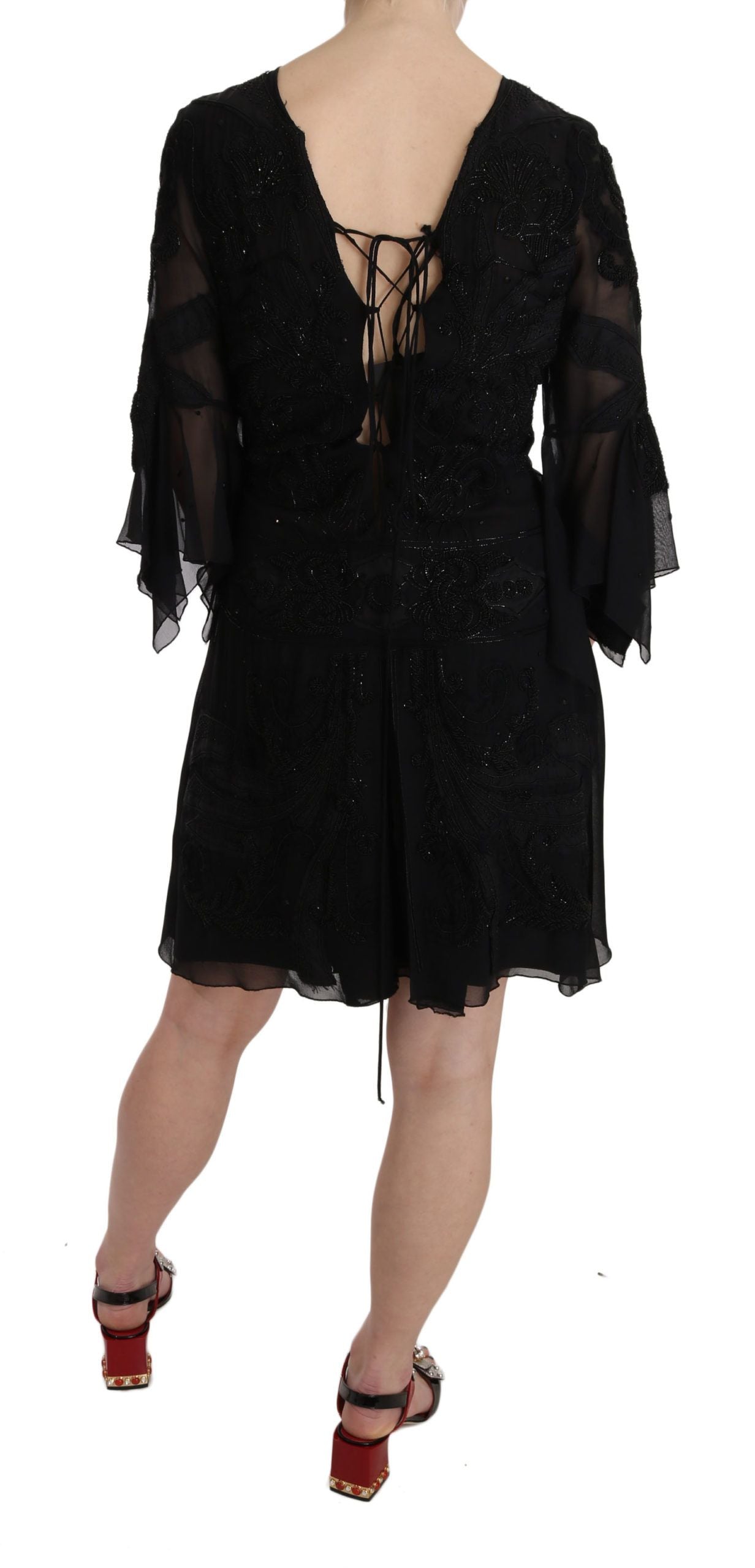 John Richmond Black Sequined Silk Mini Shift Gown John Richmond