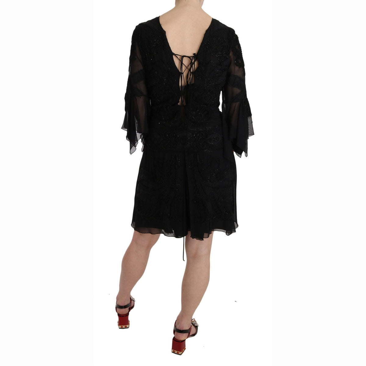 John Richmond Black Sequined Silk Mini Shift Gown
