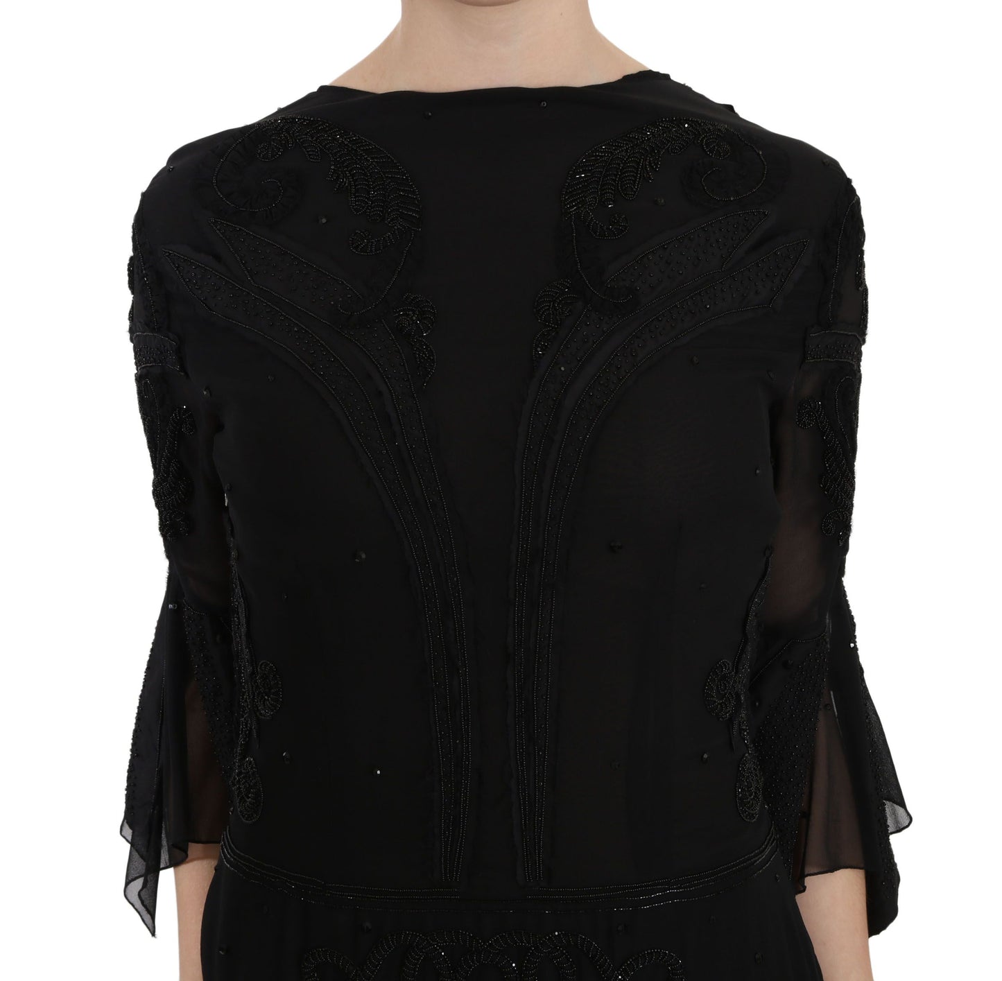 John Richmond Black Sequined Silk Mini Shift Gown John Richmond