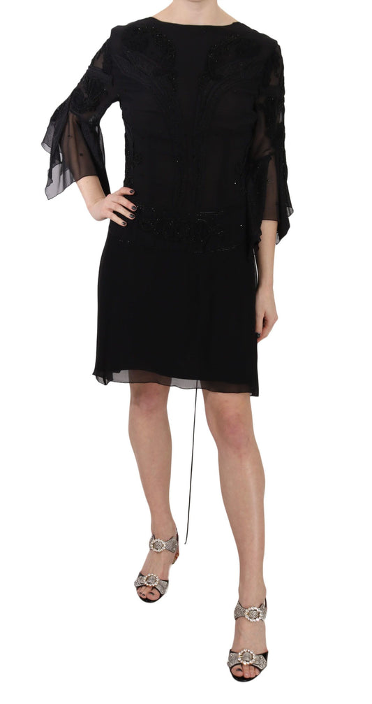 John Richmond Black Sequined Silk Mini Shift Gown John Richmond