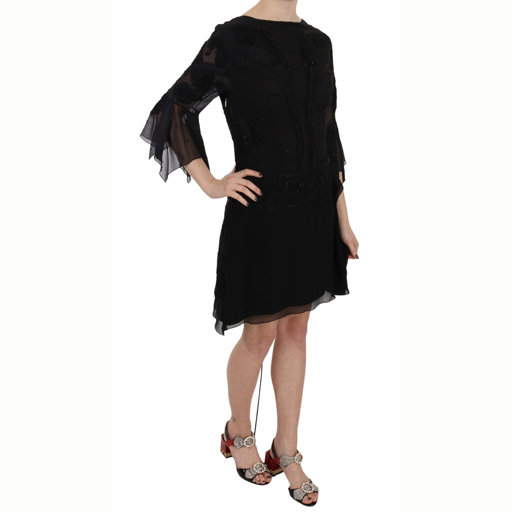 John Richmond Black Sequined Silk Mini Shift Gown