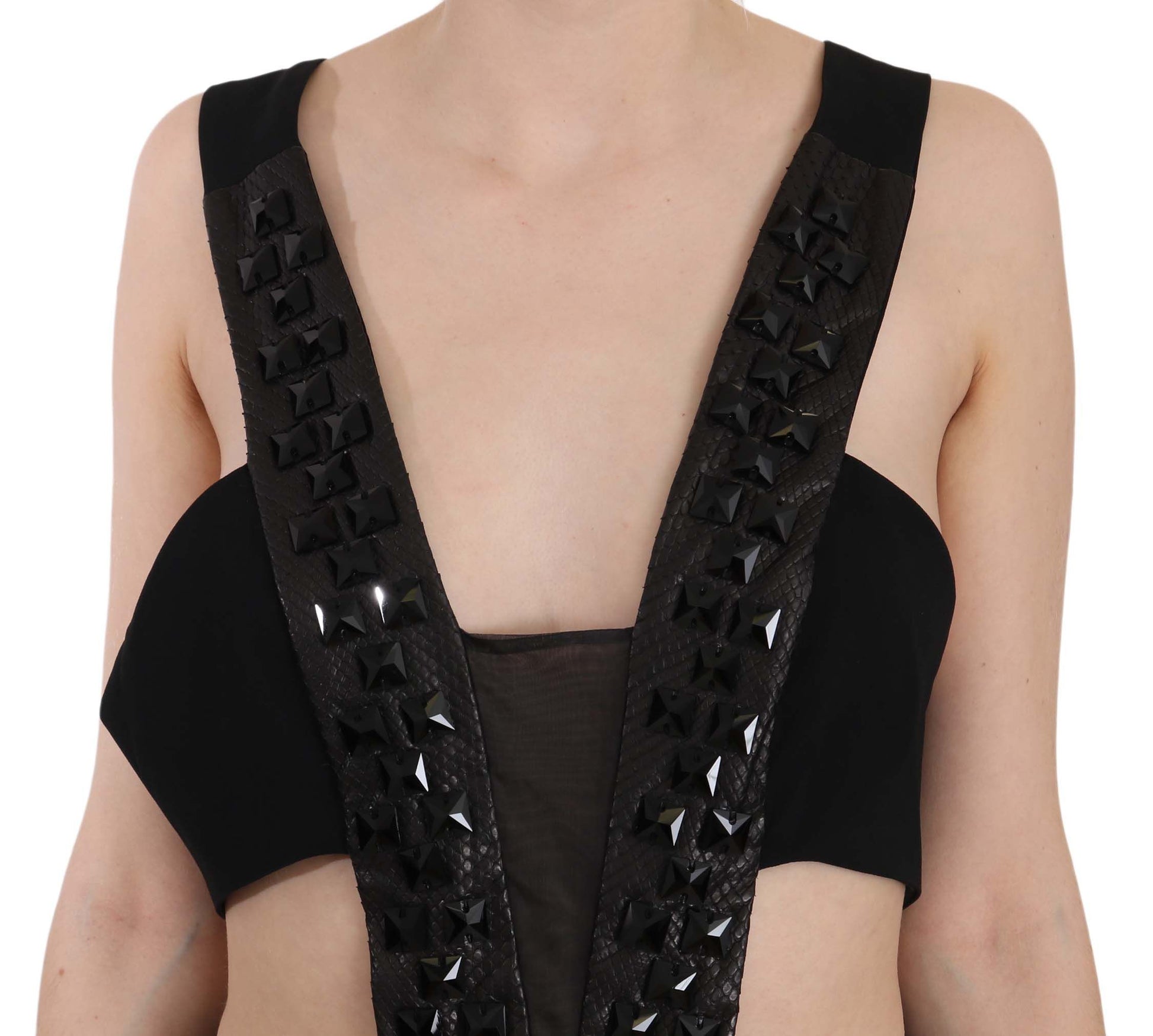 John Richmond Black Crystal Leather Gown Flare Dress John Richmond