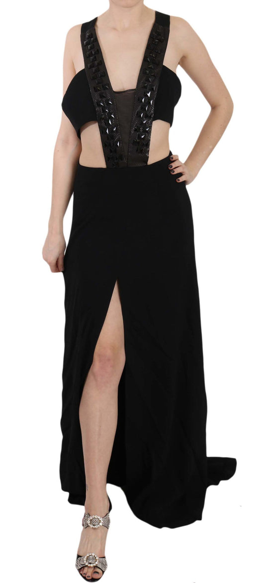John Richmond Black Crystal Leather Gown Flare Dress John Richmond