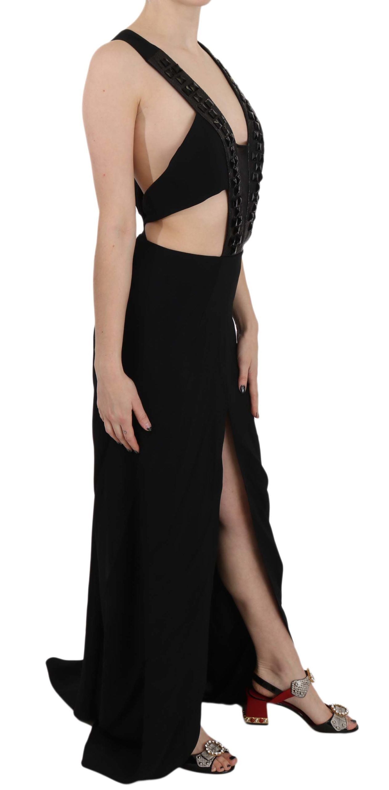 John Richmond Black Crystal Leather Gown Flare Dress John Richmond
