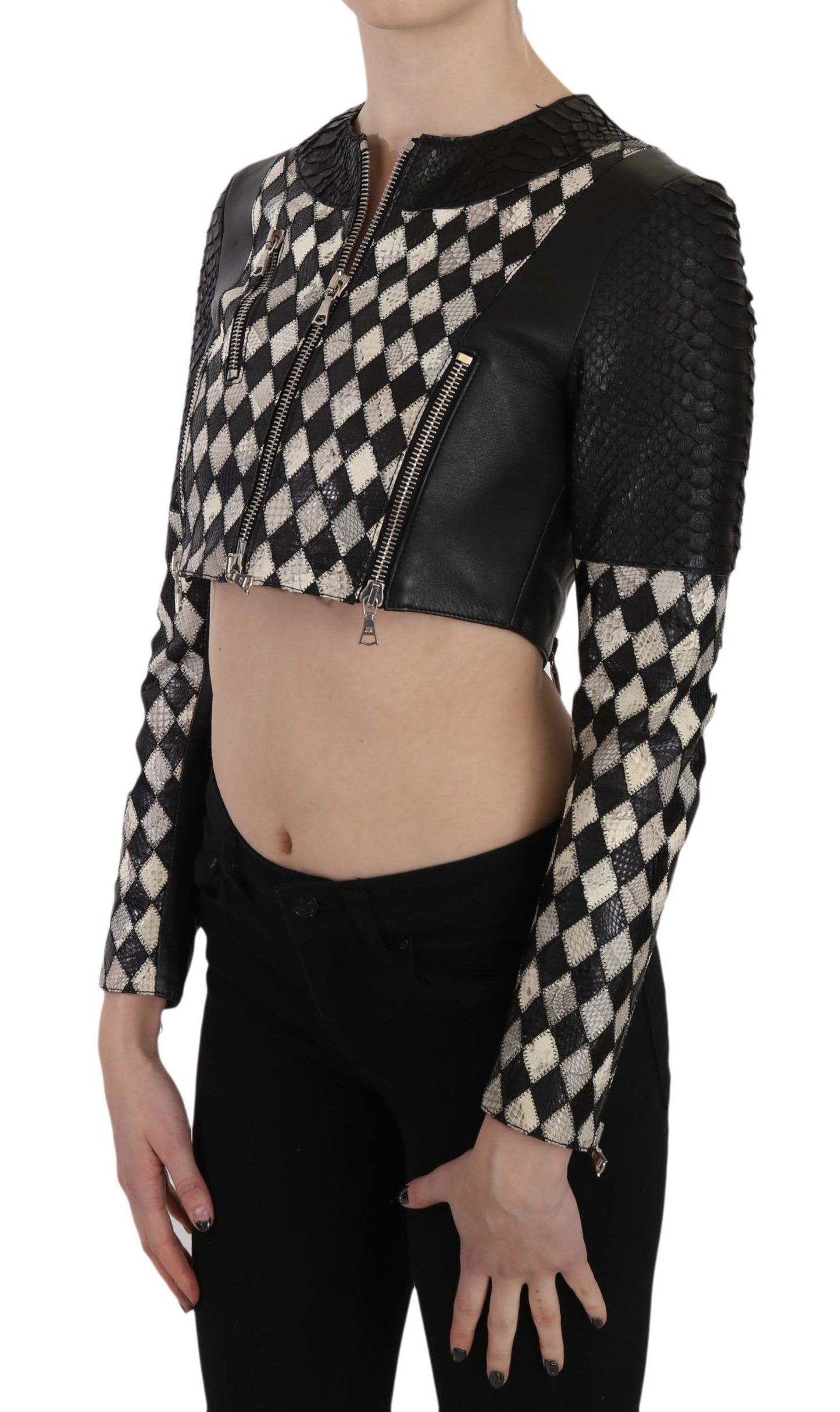 John Richmond Black White Leather Short Cropped Biker Jacket Coat John Richmond