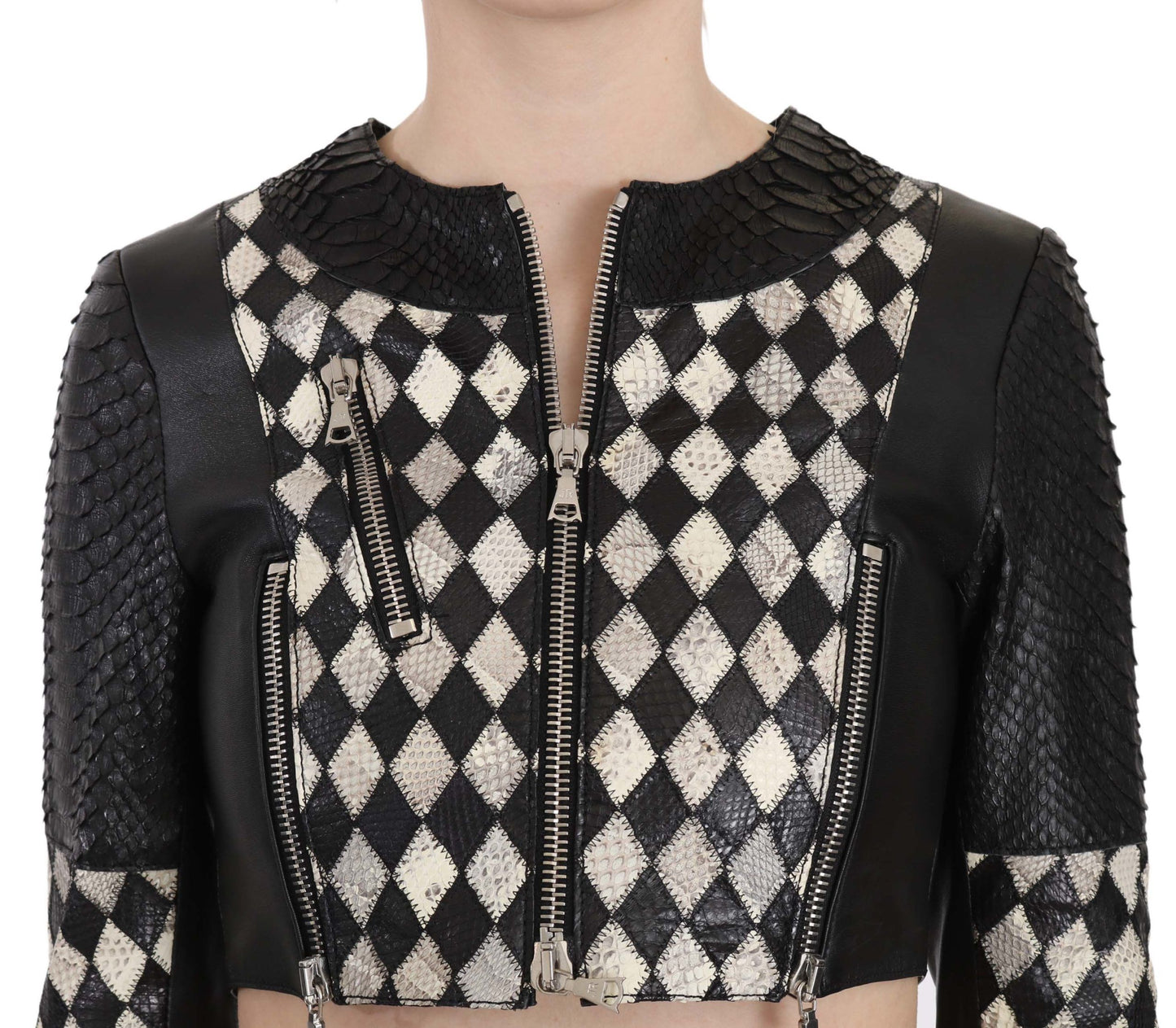 John Richmond Black White Leather Short Cropped Biker Jacket Coat John Richmond