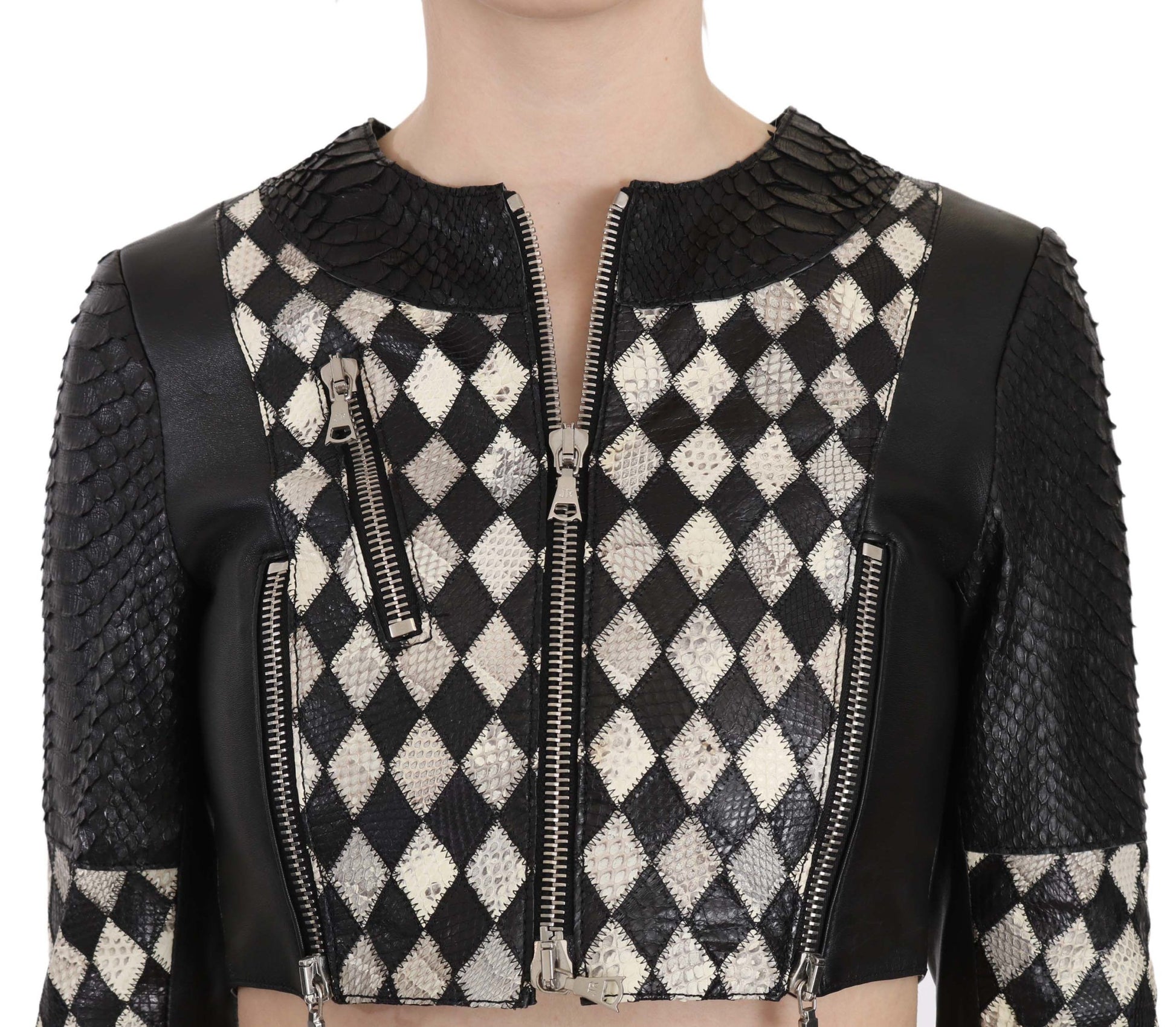 John Richmond Black White Leather Short Cropped Biker Jacket Coat John Richmond