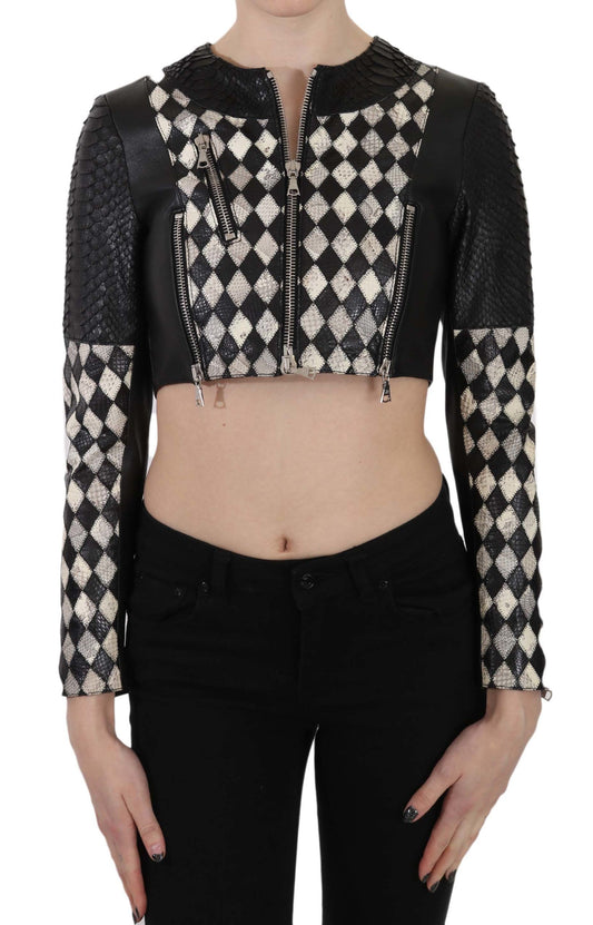 John Richmond Black White Leather Short Cropped Biker Jacket Coat John Richmond
