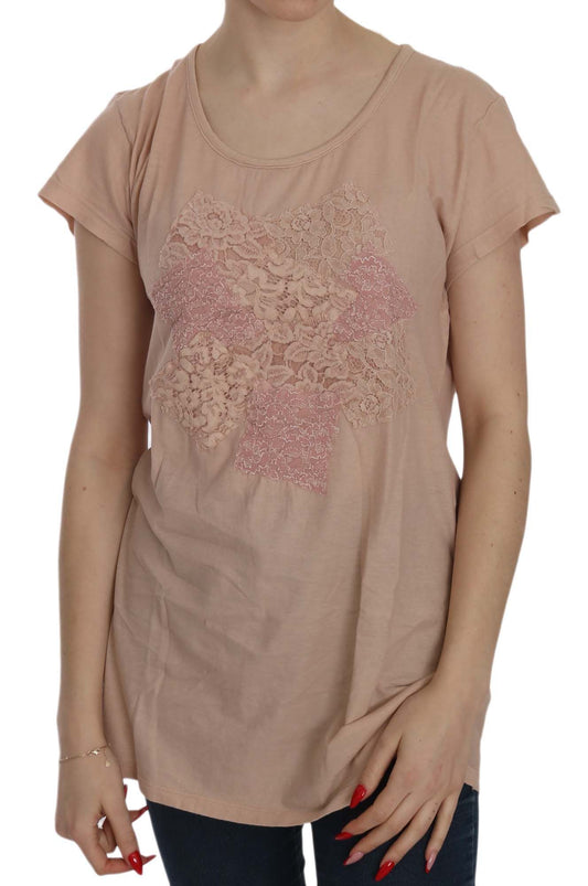 PINK MEMORIES Pink Cream Lace Short Sleeve Shirt Top Cotton Blouse PINK MEMORIES