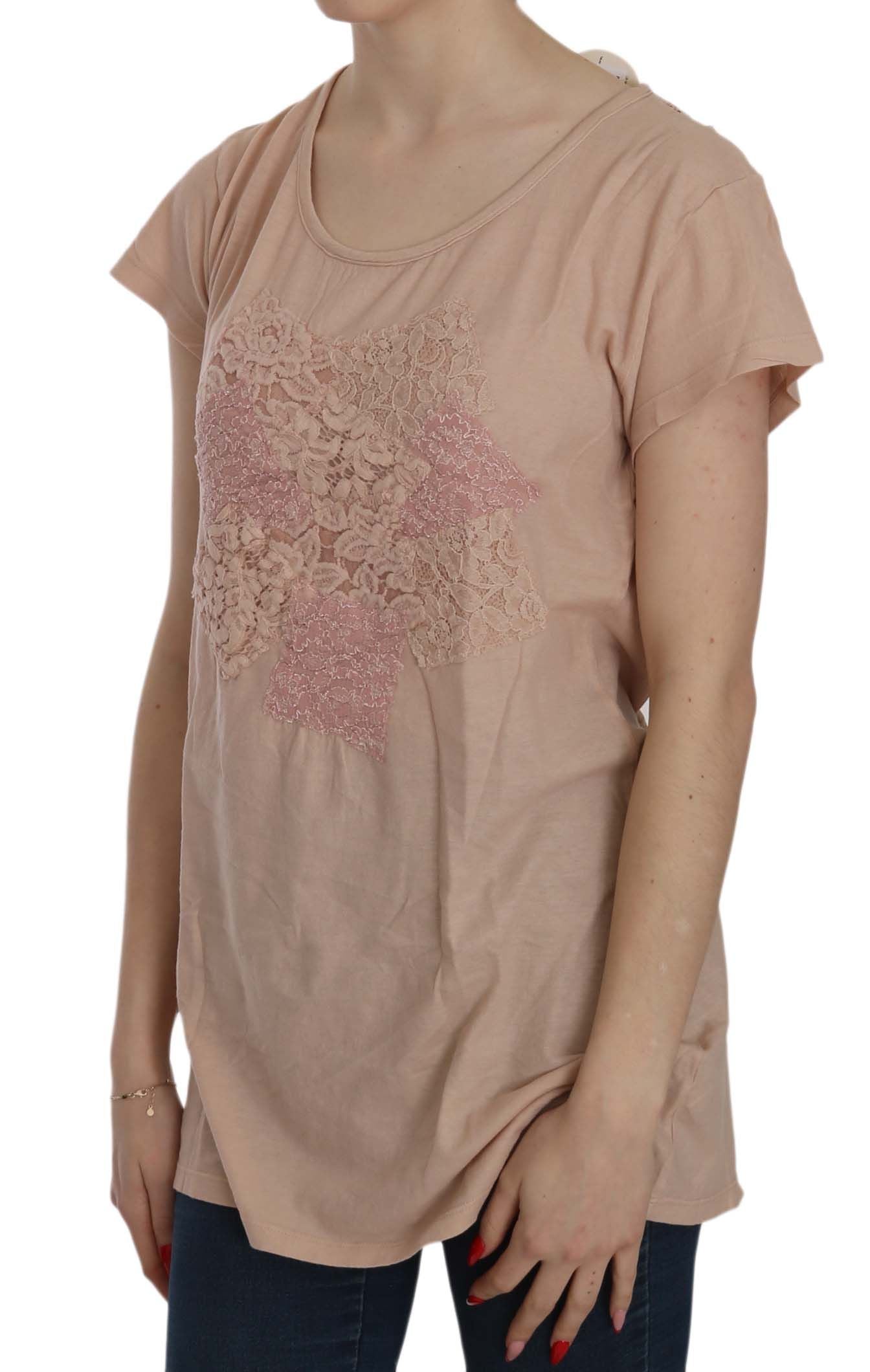 PINK MEMORIES Pink Cream Lace Short Sleeve Shirt Top Cotton Blouse PINK MEMORIES