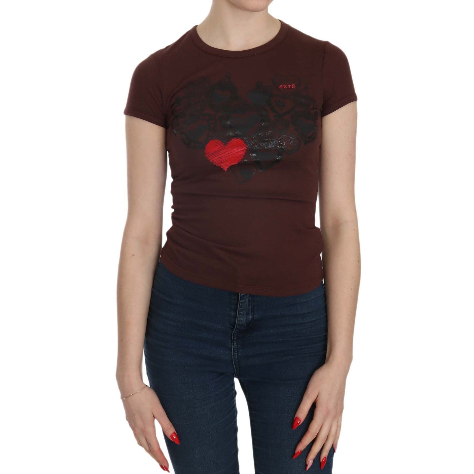 Exte Brown Hearts Short Sleeve Casual T-shirt Top Exte