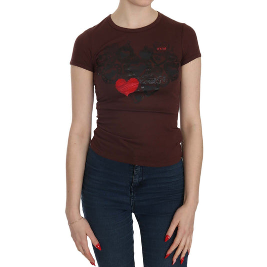 Exte Brown Hearts Short Sleeve Casual T-shirt Top Exte