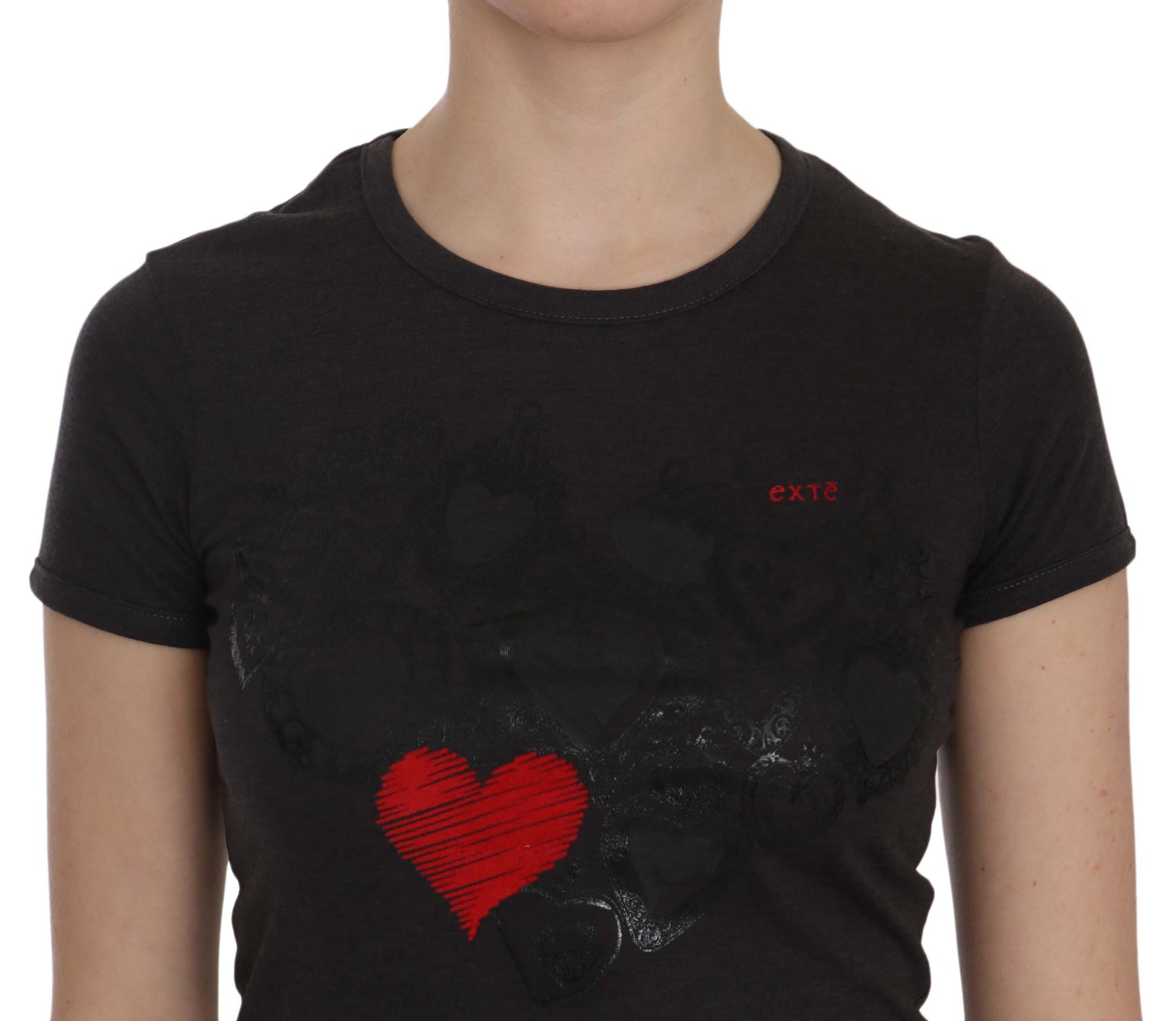 Exte Black Hearts Print Short Sleeve Casual Shirt Top Exte