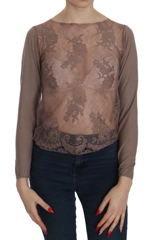 PINK MEMORIES Brown Lace See Through Long Sleeve Top PINK MEMORIES