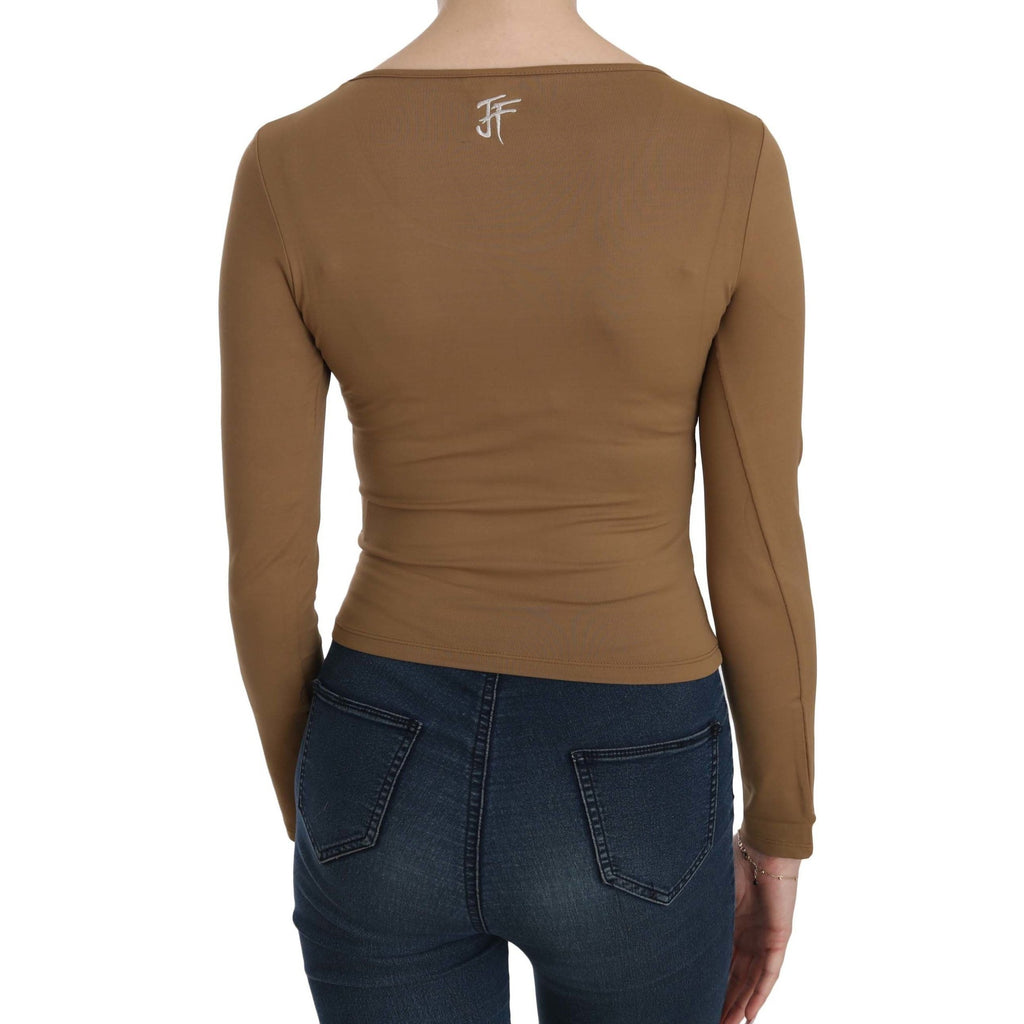 GF Ferre Brown Long Round Neck Sleeve Fitted Shirt Tops Blouse