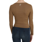 GF Ferre Brown Long Round Neck Sleeve Fitted Shirt Tops Blouse