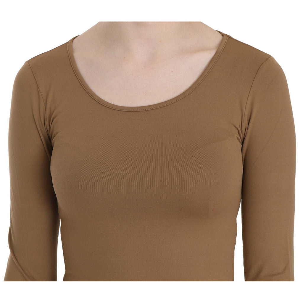 GF Ferre Brown Long Round Neck Sleeve Fitted Shirt Tops Blouse