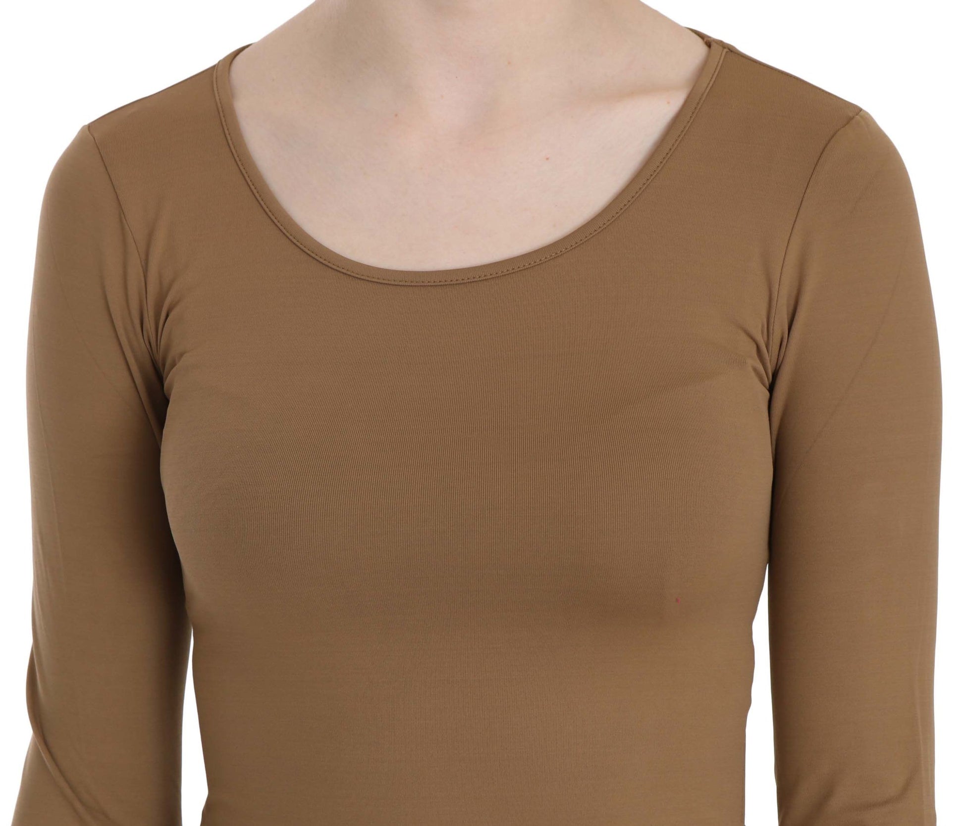 GF Ferre Brown Long Round Neck Sleeve Fitted Shirt Tops Blouse GF Ferre