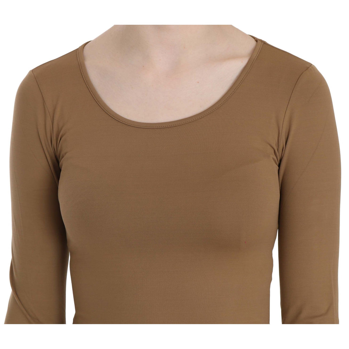 GF Ferre Brown Long Round Neck Sleeve Fitted Shirt Tops Blouse