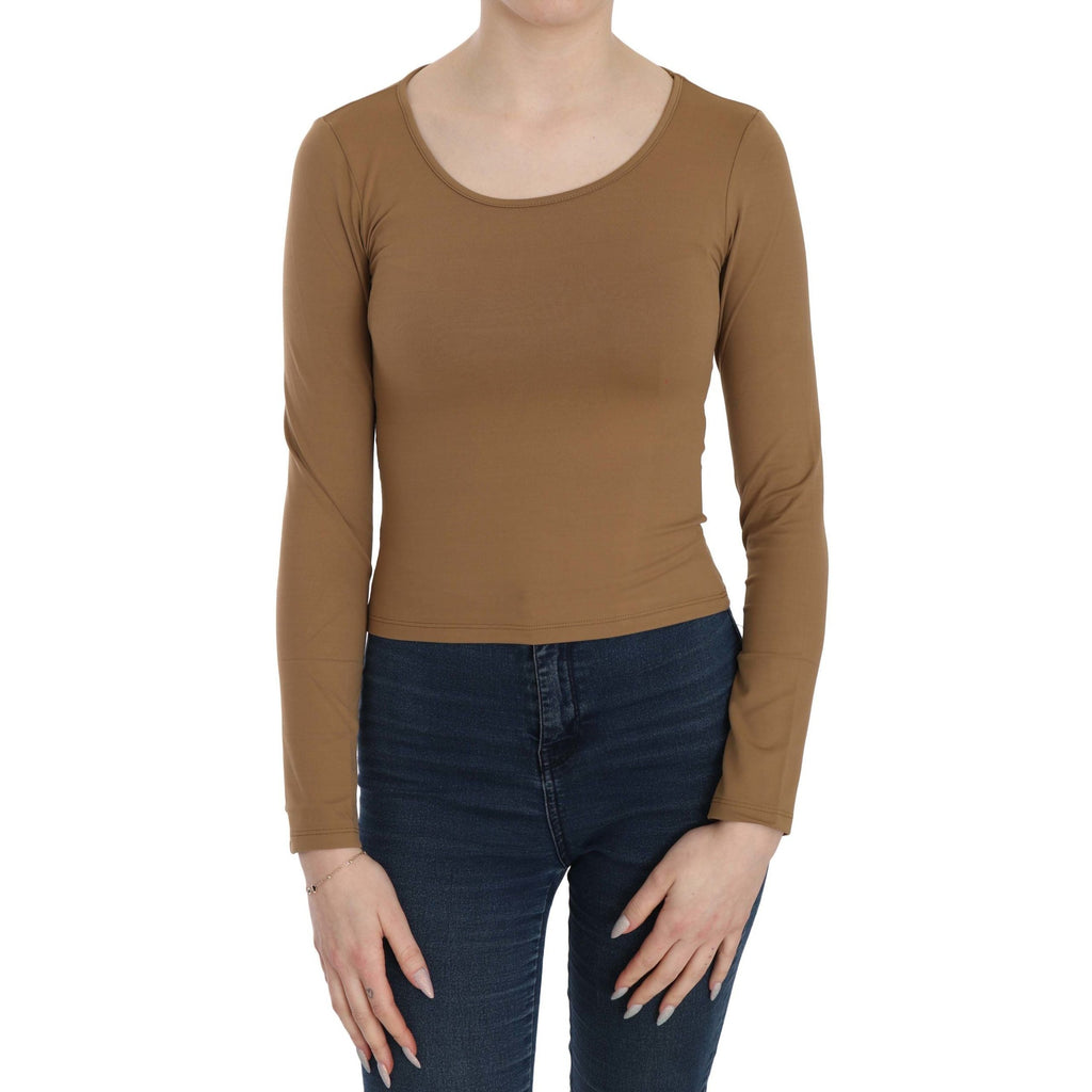 GF Ferre Brown Long Round Neck Sleeve Fitted Shirt Tops Blouse