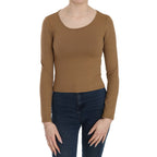 GF Ferre Brown Long Round Neck Sleeve Fitted Shirt Tops Blouse