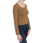 GF Ferre Brown Long Round Neck Sleeve Fitted Shirt Tops Blouse