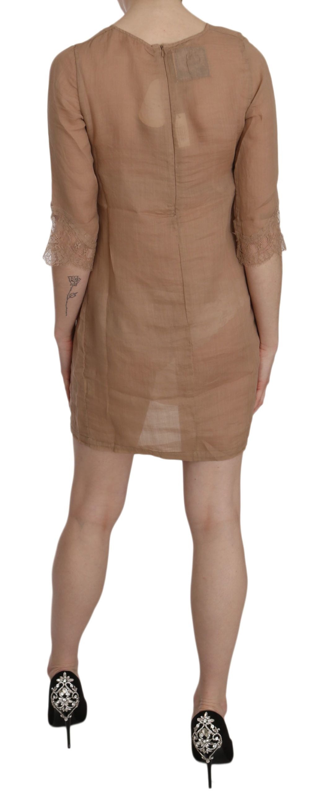 PINK MEMORIES Brown 3/4 Sleeve Crewneck Shift Mini Dress PINK MEMORIES