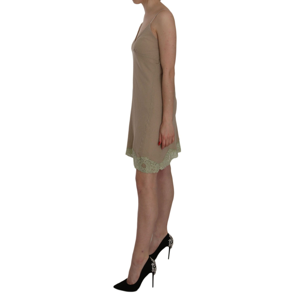 PINK MEMORIES Beige Lace Spaghetti Strap Mini Cotton Dress