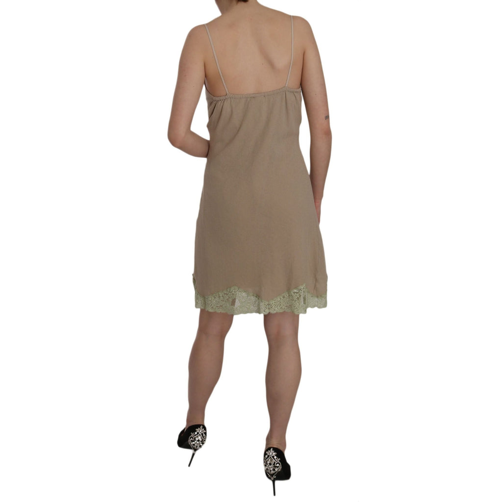 PINK MEMORIES Beige Lace Spaghetti Strap Mini Cotton Dress