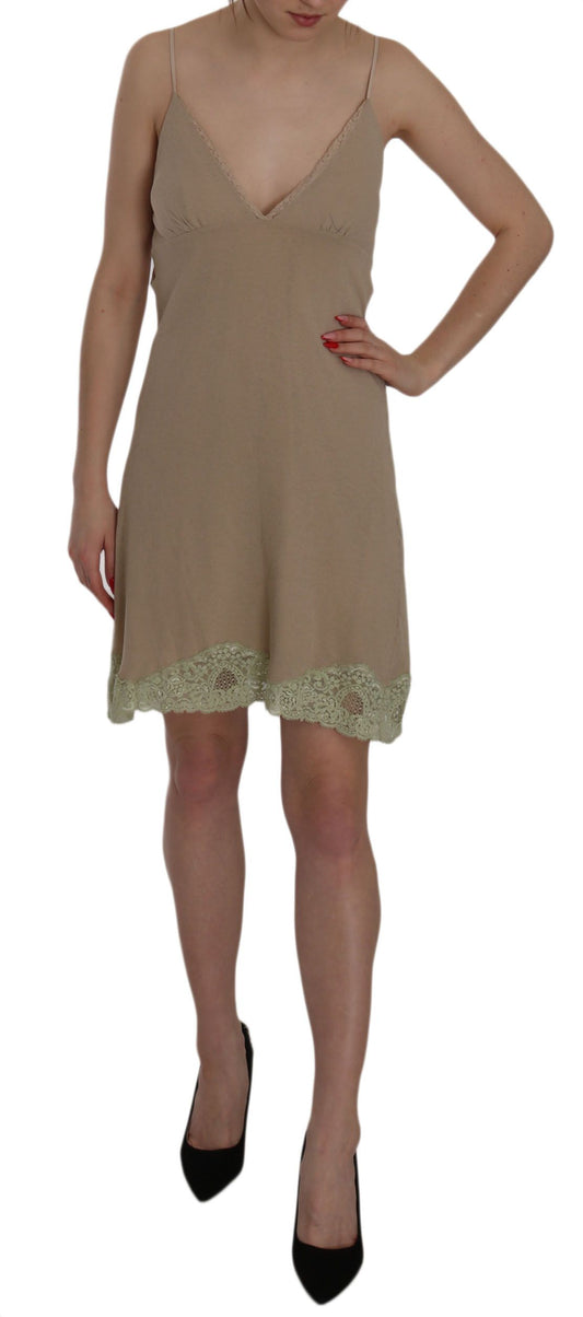 PINK MEMORIES Beige Lace Spaghetti Strap Mini Cotton Dress PINK MEMORIES