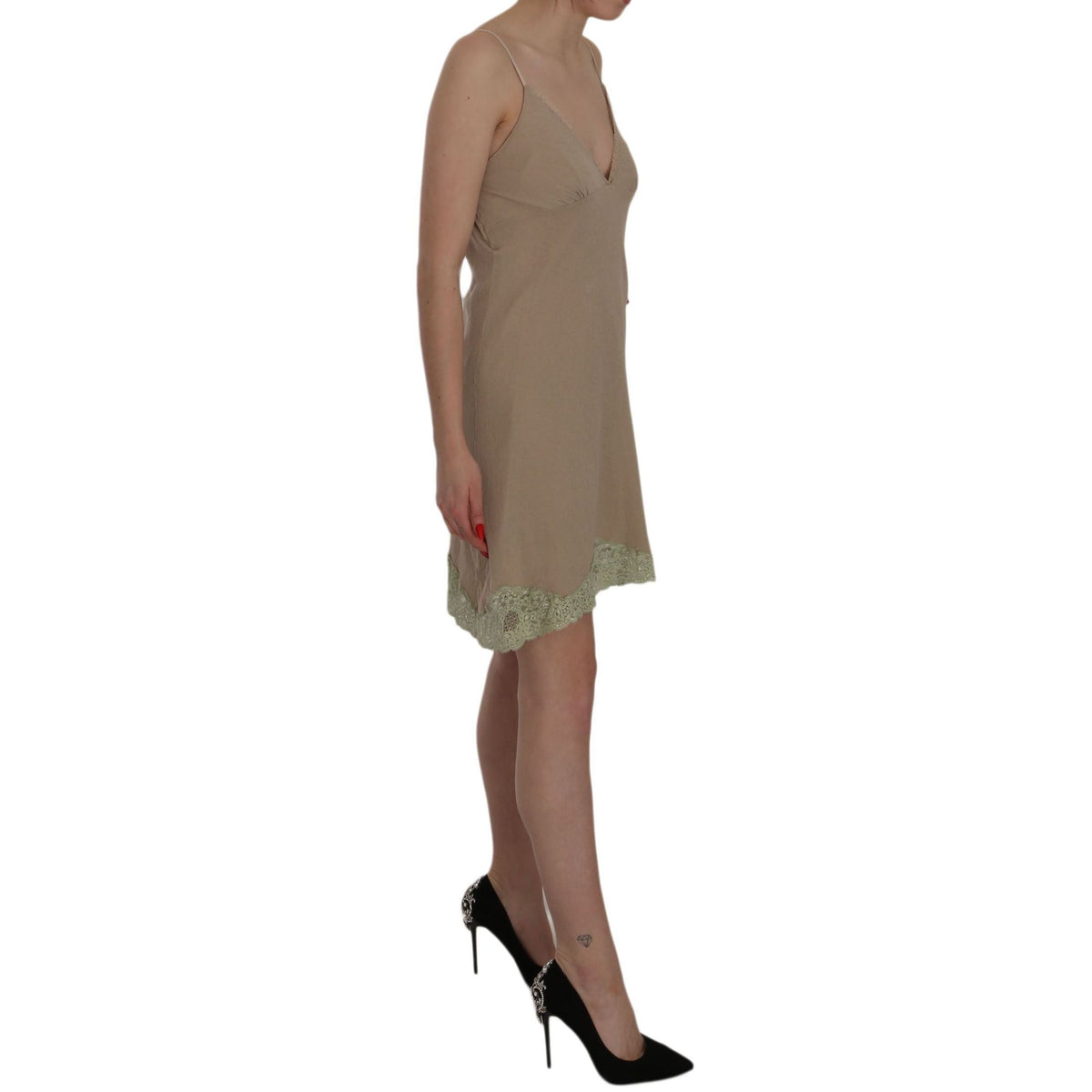 PINK MEMORIES Beige Lace Spaghetti Strap Mini Cotton Dress