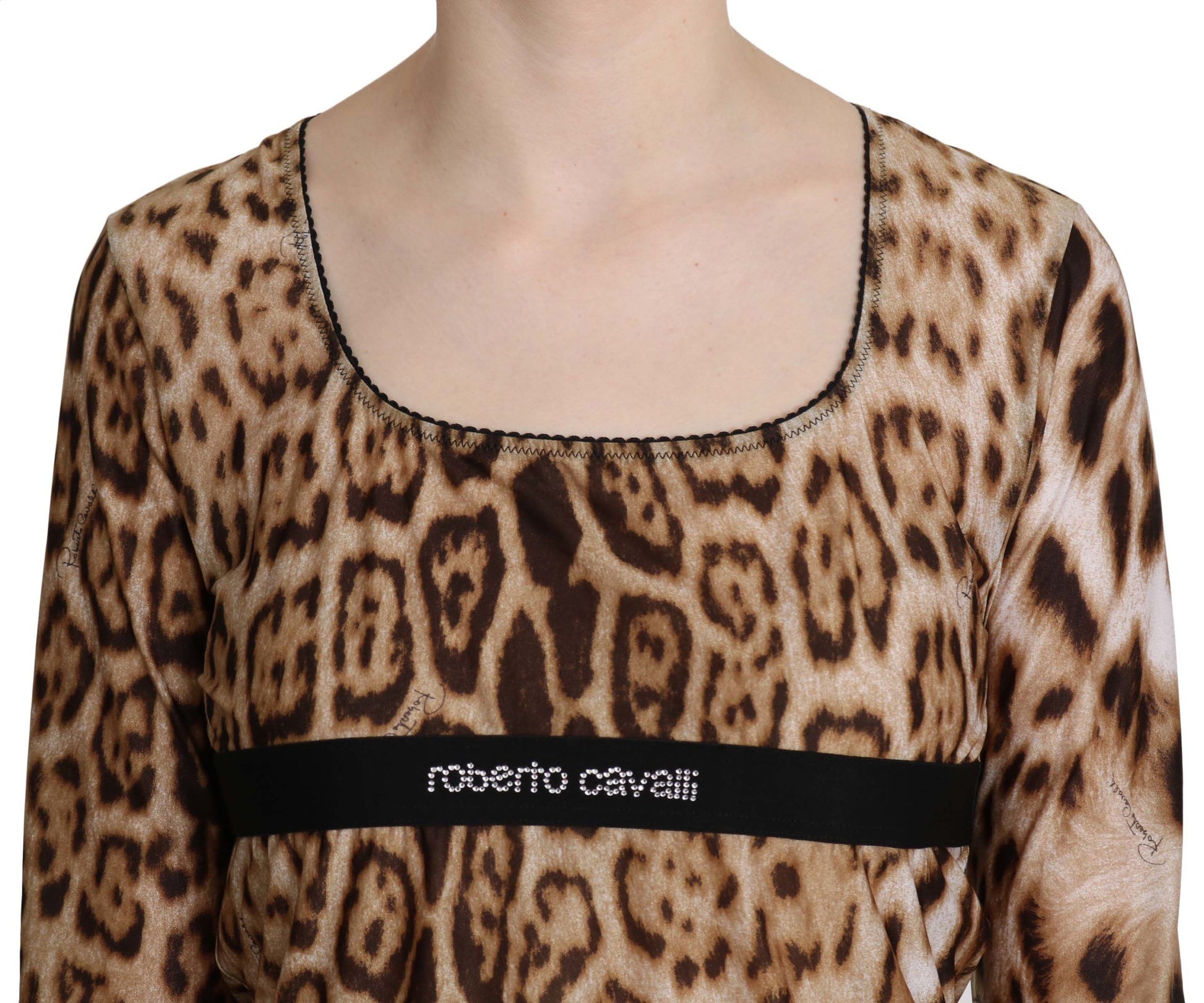 Roberto Cavalli Brown Round Neck Leopard Women Top Blouse Roberto Cavalli