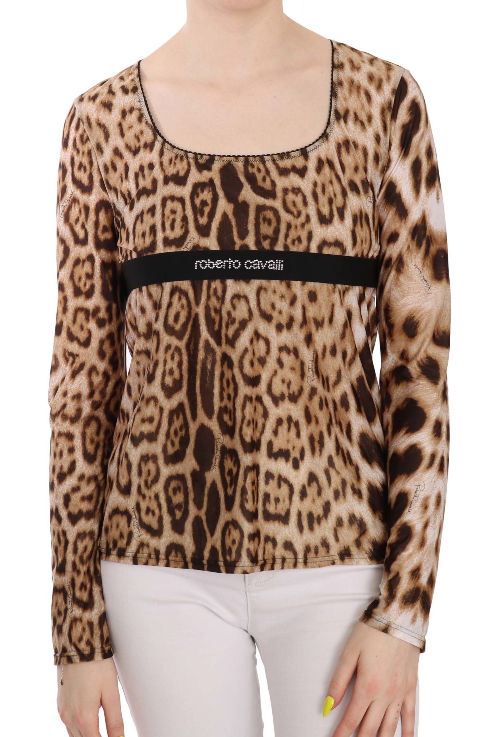 Roberto Cavalli Brown Round Neck Leopard Women Top Blouse Roberto Cavalli