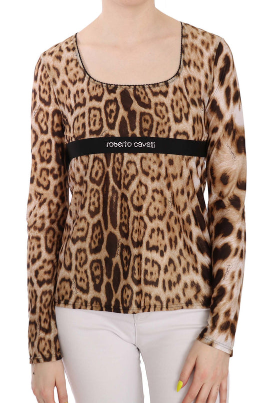Roberto Cavalli Brown Round Neck Leopard Women Top Blouse Roberto Cavalli
