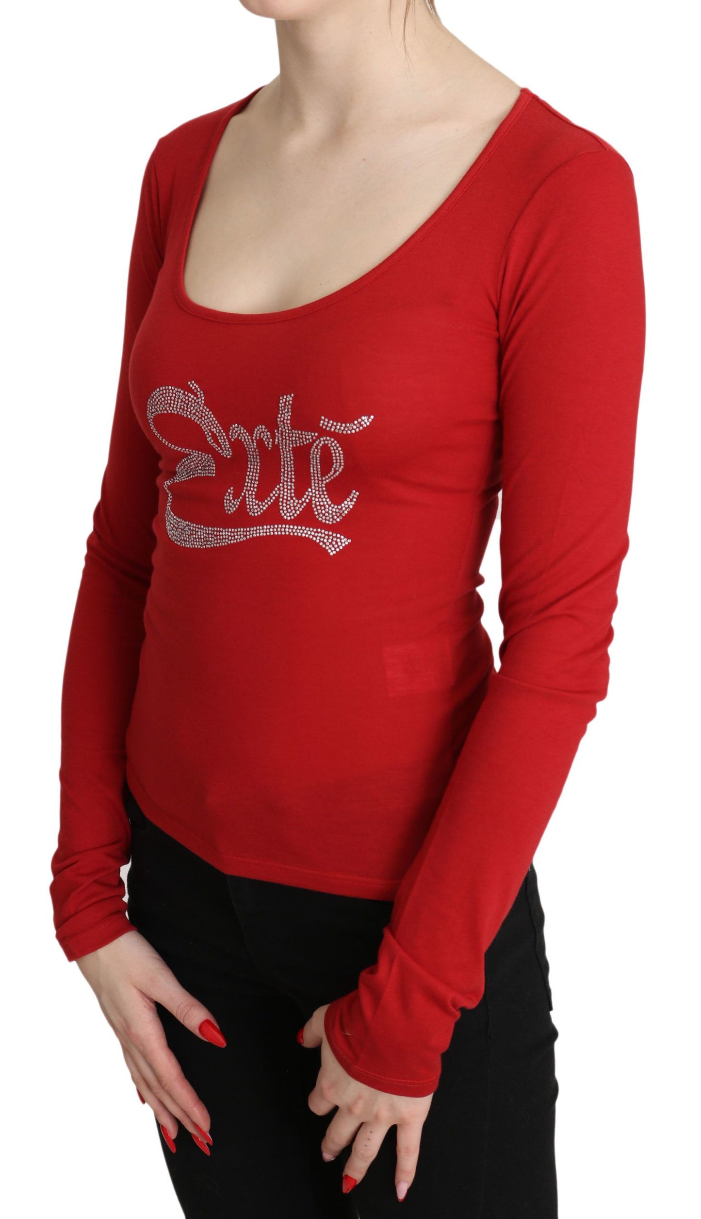 Red Exte Crystal Embellished Long Sleeve Top Blouse Exte