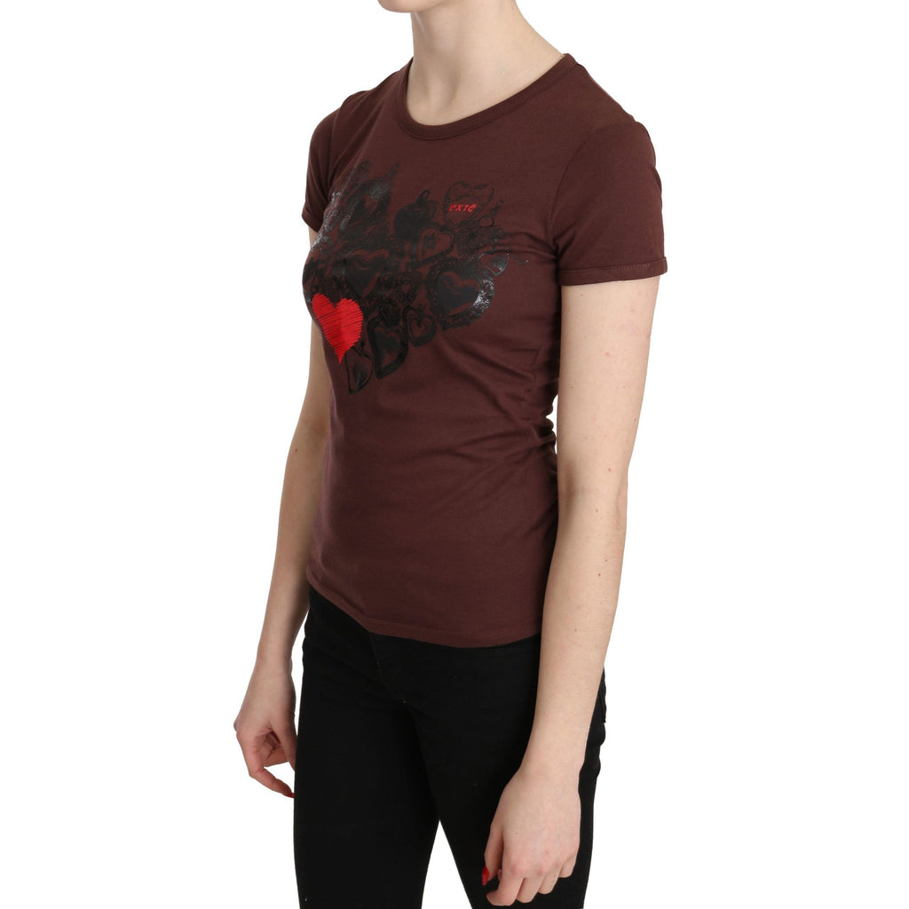 Exte Brown Hearts Printed Round Neck T-shirt Top