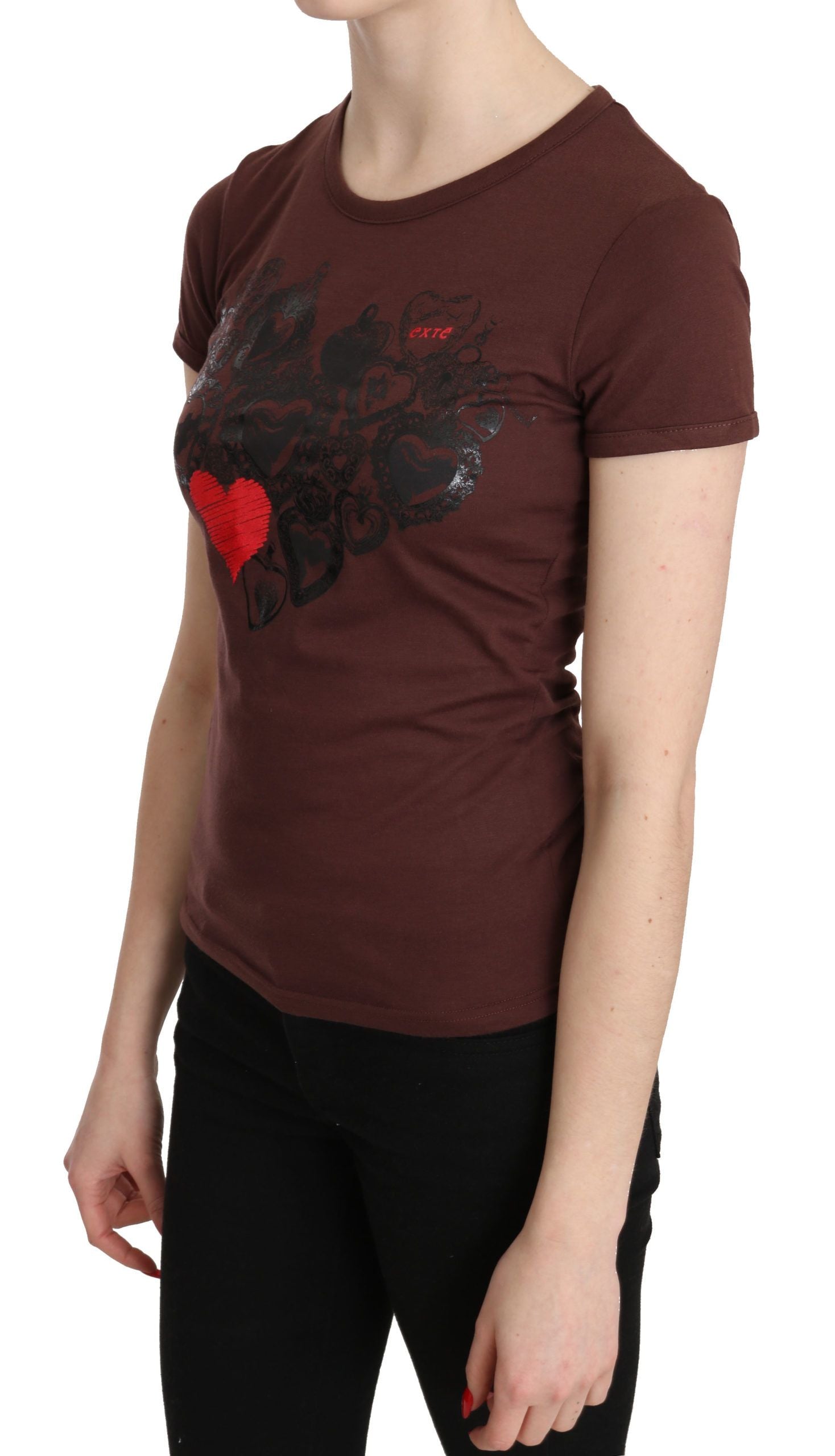 Exte Brown Hearts Printed Round Neck T-shirt Top Exte