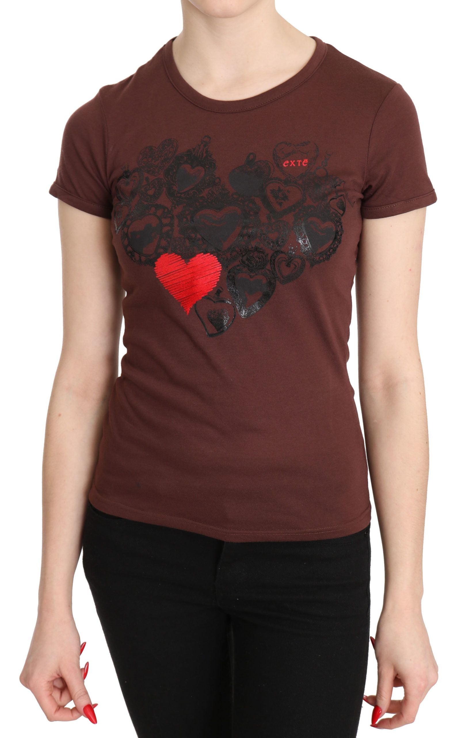 Exte Brown Hearts Printed Round Neck T-shirt Top Exte