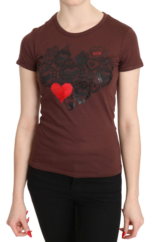 Exte Brown Hearts Printed Round Neck T-shirt Top Exte