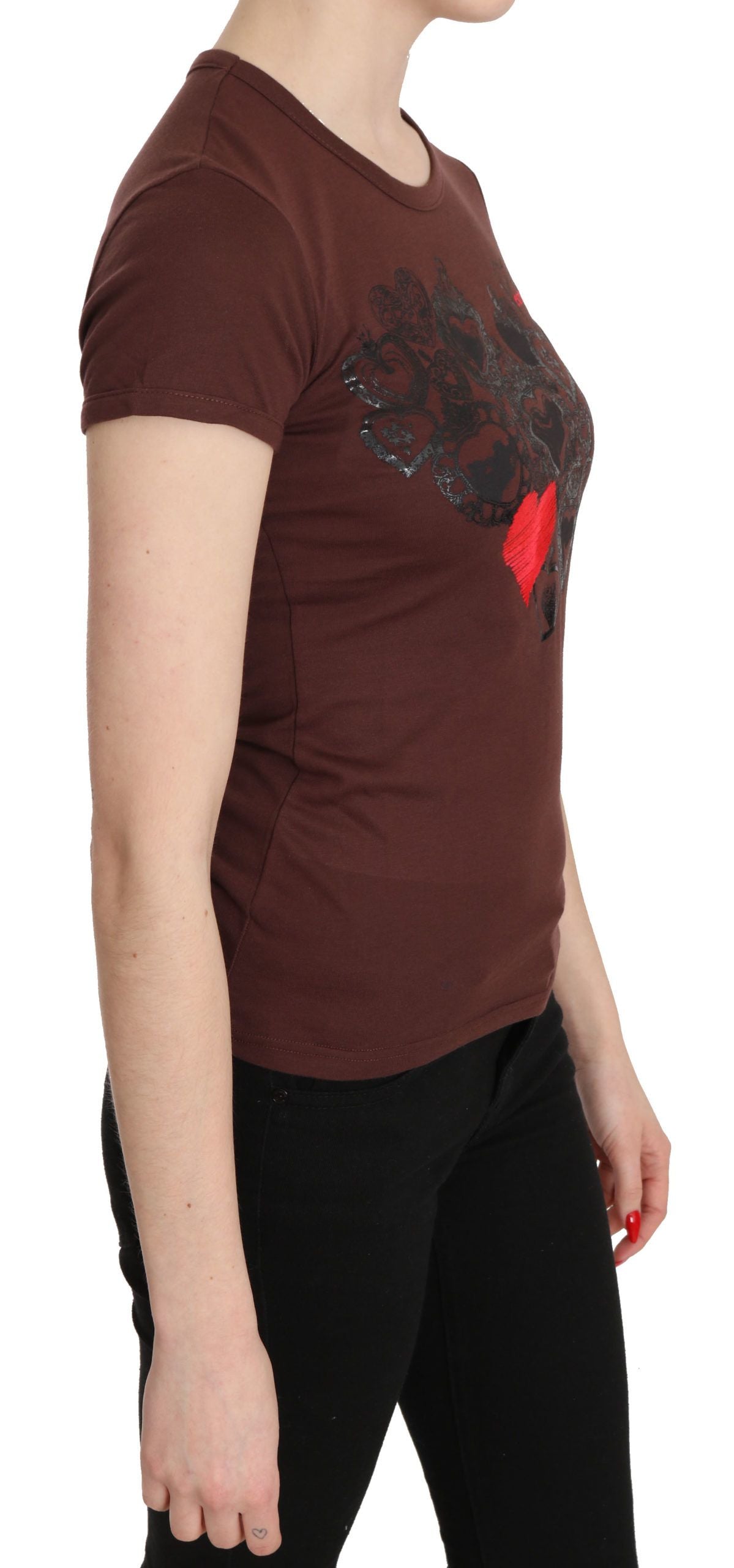 Exte Brown Hearts Printed Round Neck T-shirt Top Exte