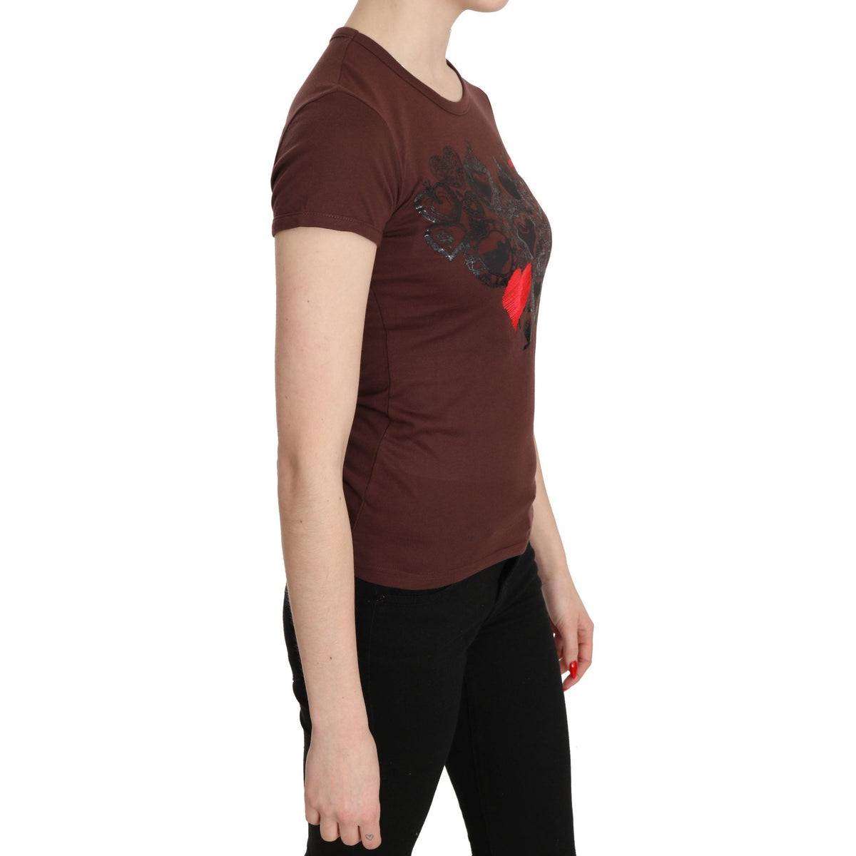 Exte Brown Hearts Printed Round Neck T-shirt Top
