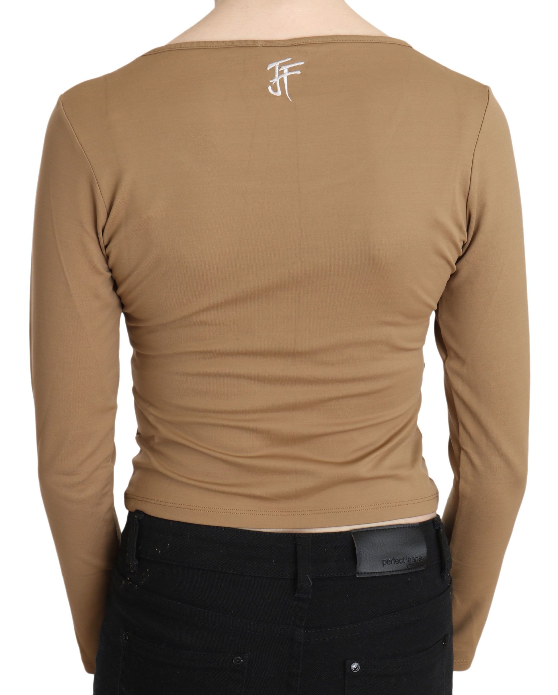 GF Ferre Brown Round Neck Long Sleeve Slim Crop Top Blouse GF Ferre